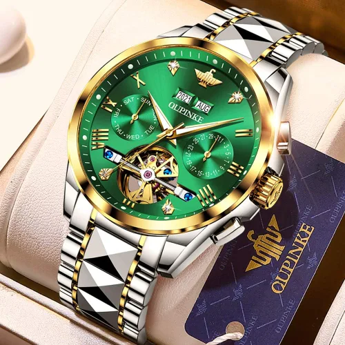 Vista 6 de OUPINKE Relojes automáticos para hombre, con esqueleto de diamante, cuerda automática, reloj de pulsera de lujo, cristal de zafiro, acero
