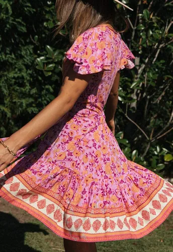 Vista 6 de ZESICA - Vestido corto con cuello en V cruzado para mujer, estampado floral bohemio, con vuelos, acampanado, vestido de verano 2024 para la playa