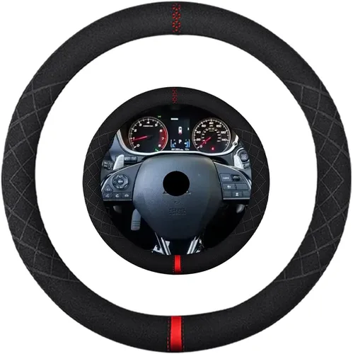 Vista 52 de Funda de volante de gamuza de 14 pulgadas, compatible con Tesla Model 3 Model Y, funda de volante deportiva de cuero gamuza antideslizante