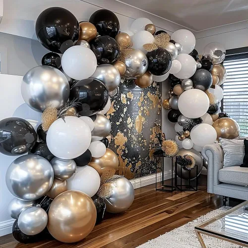 Vista 2 de Kit de arco de guirnalda de globos negros de Captank, doble relleno, globos de látex de diferentes tamaños 18/12/5 pulgadas para cumpleaños