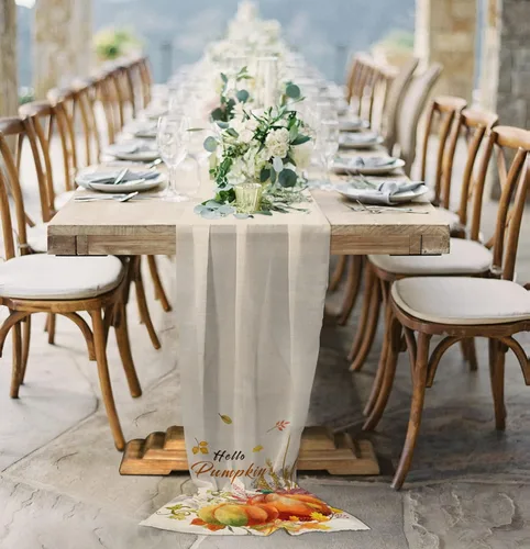 Vista 4 de Double Love Hello Pumpkins Chiffon Table Runner 55 Inches Long, Voile Sheer Tulle Runner for Rustic Wedding Reception Bridal Shower Decorations