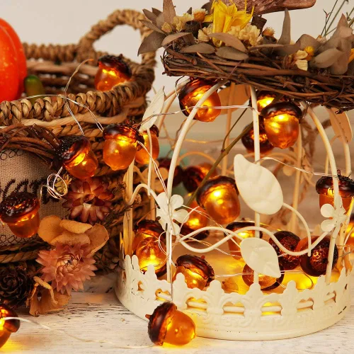 Vista 2 de BOHON - Cadena de luces de bellota 3D para otoño, decoración de cosecha, luces de cadena de 10 pies, funciona con baterías, con control remoto