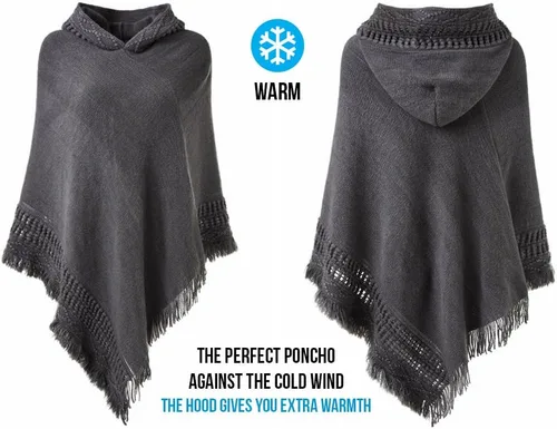 Vista 3 de Capa con capucha Ferand, con flequillo en el dobladillo, patrones de ganchillo para tejer poncho, para mujer.
