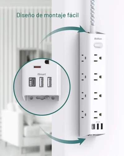 Vista 5 de Regleta protectora de sobretensiones – Cable de extensión de 10 pies, regleta de alimentación con 12 salidas de CA amplias 3 USB, enchufe plano