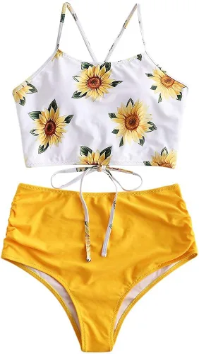 Vista 4 de ZAFUL - Conjunto de bikini de girasol acolchado con cordones y tankini de talle alto
