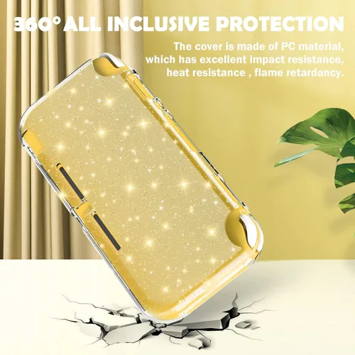 Vista 3 de DLseego Funda protectora con purpurina dorada para Switch Lite, cubierta de TPU suave de cristal transparente con absorción de golpes y diseño