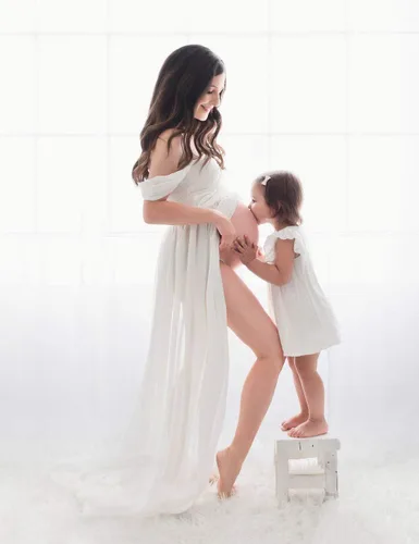 Vista 6 de JustVH Vestidos de maternidad para sesión de fotos con hombros descubiertos, vestido de encaje de gasa, con abertura frontal, maxi vestidos
