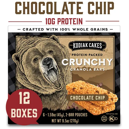 Vista 2 de Kodiak Cakes Barritas crujientes de granola Protien, chispas de chocolate, alto contenido de proteínas, 100% granos integrales, 12 cajas con 6