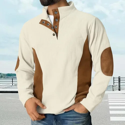 Vista 2 de Camisas de pana para hombre, con un cuarto de botón, estilo vintage, casual, a la moda, con parche en el codo