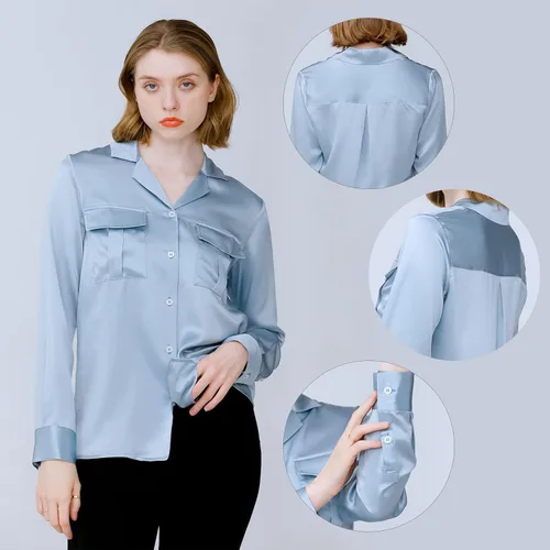 Vista 5 de Blusa de seda para mujer, 100% seda pura, manga larga, suave, 22 Momme, camisa de seda real