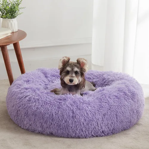 Vista 34 de Cama calmante para perros y gatos, cama antiansiedad, de felpa, con forma de dona, redonda, acolchada, de piel sintética, suave y esponjosa