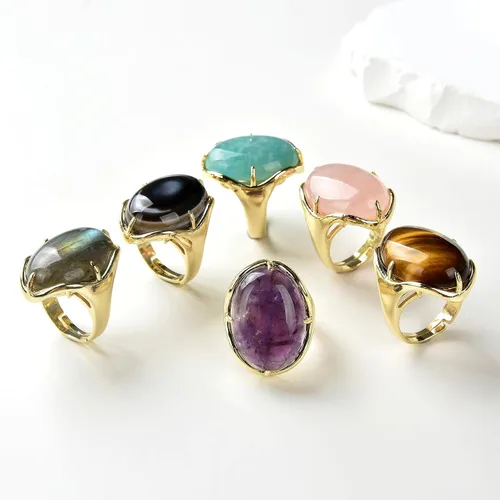 Vista 5 de Piedra natural ágata amatista turquesa ajustable anillos de dedo semiprecioso oval en forma de piedra preciosa aniversario