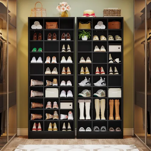 Vista 4 de Tribesigns Armario de almacenamiento de zapatos de 10 niveles, zapatero de madera negro con 30 cubículos, organizador de zapatos alto independiente