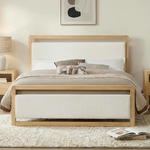 Vista 13 de KISLOT Marco de cama de madera con cabecera tapizada, marrón, tamaño Queen