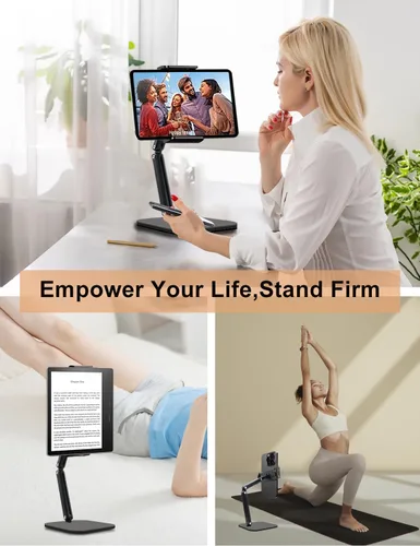 Vista 2 de Soporte de tablet para escritorio, soporte ajustable para iPad, rotación de 360°, soporte de brazo de aluminio resistente para iPad Pro/Air/Mini