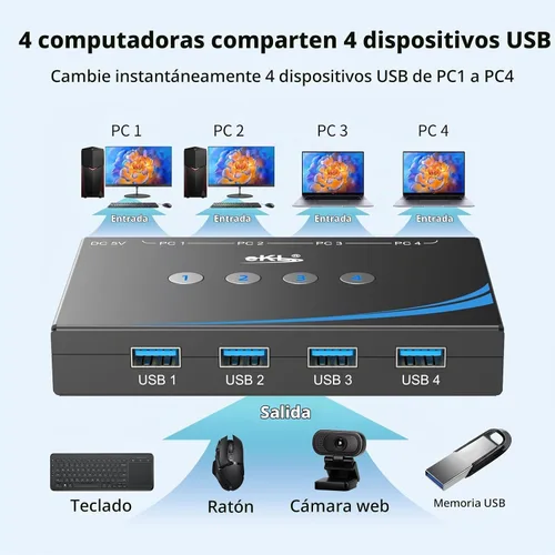 Vista 5 de eKL interruptor USB 3.0 para compartir entre 4 computadoras, 4 puertos USB 3.0, interruptor para PC, laptop, ratón, teclado, escáner, impresora