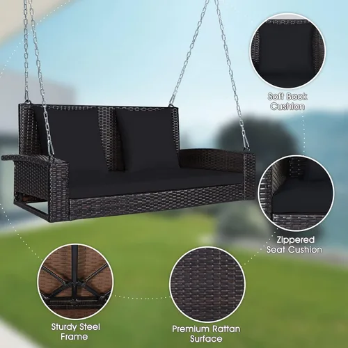 Vista 8 de Tangkula Columpio de Mimbre para Porche de 2 Personas, Patiojoy Banco Colgante de Ratán para Exteriores con 2 Cojines de Respaldo y 1 Cojín