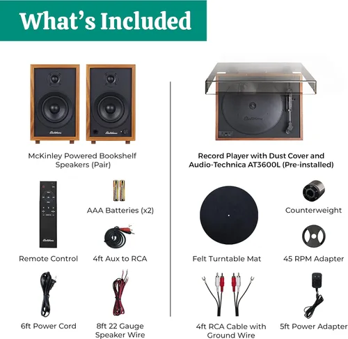 Vista 9 de Electrohome Montrose Record Player Stereo System, 4" Bluetooth Powered Bookshelf Speakers, Belt-Drive Bluetooth Turntable with Audio-Technica Teak