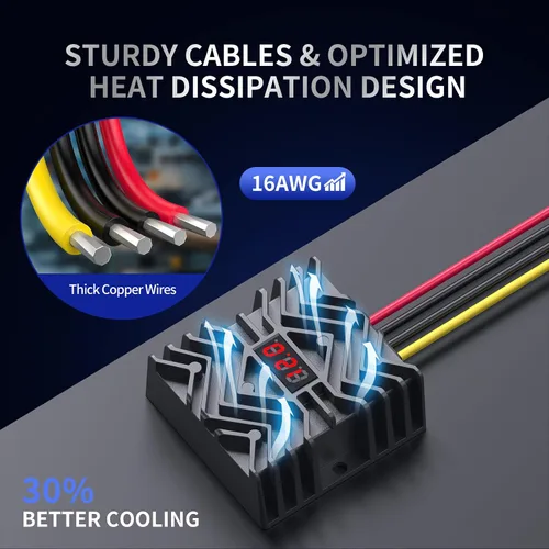 Vista 4 de Convertidor CC de 24 V a 12 V 30 A con pantalla LED, chip de seguridad MCU y cables gruesos de 16 AWG, fuente de alimentación impermeable