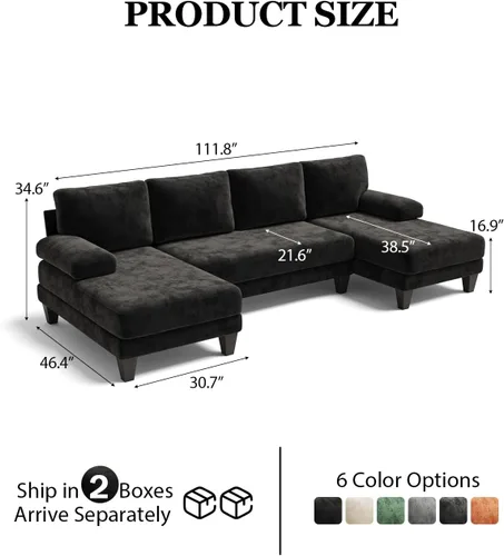 Vista 2 de Sofás seccionales en forma de U para sala de estar, sofá modular moderno de 112 pulgadas, sofá de felpilla con diván doble para apartamento