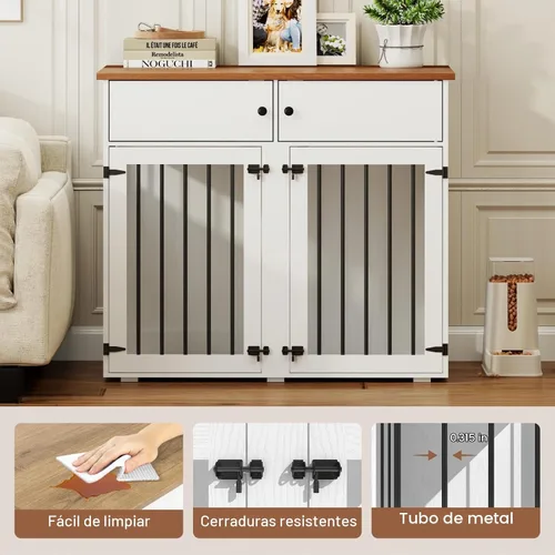 Vista 5 de Mueble de jaula para perros grande, perrera de interior de 41 pulgadas con divisor removible y puertas dobles, jaulas de madera para perros para 2