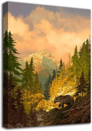 Vista 9 de arteWOODS Lienzo decorativo para pared, diseño de oso grizzly para dormitorio, sala de estar, bosque, montaña rocosa, moderno, lienzo, impresiones