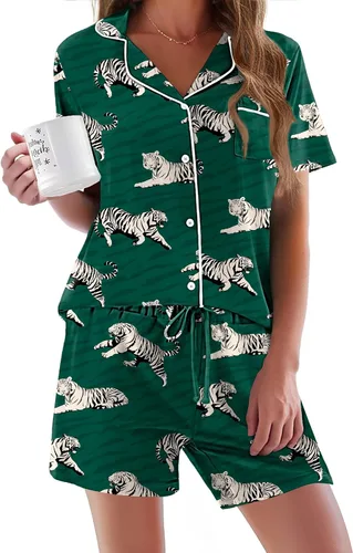 Vista 44 de Ekouaer - Conjunto de pijamas de manga corta para mujer, con botones, suave, 2 piezas, conjuntos de descanso, tallas XS-XXXL Verde Aqua