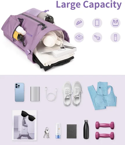 Vista 7 de WANDF Mochila deportiva con cordón y compartimento para zapatos, resistente al agua, bolsa de natación para mujeres y hombres (morado lila)