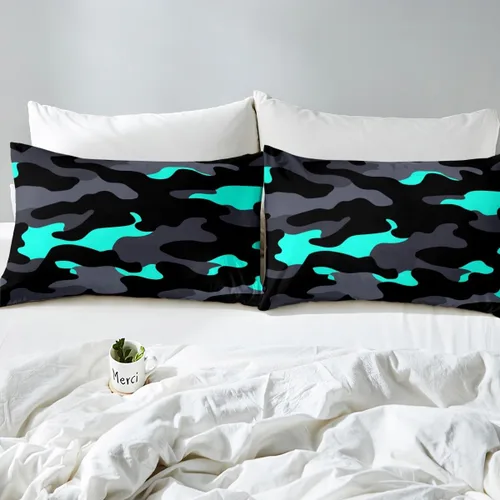 Vista 7 de Erosebridal Juego de funda de edredón de camuflaje verde azulado, negro, gris, camuflaje, funda de edredón de camuflaje militar, tamaño individual