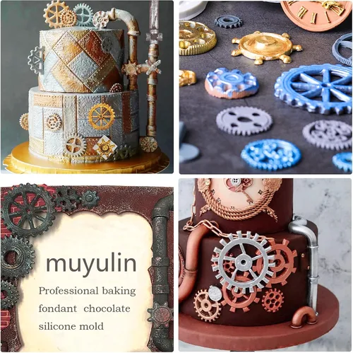 Vista 6 de Steampunk Gear - Moldes de silicona, 3 paquetes de tubería de agua remachada placa de metal molde de chocolate para decoración de pasteles