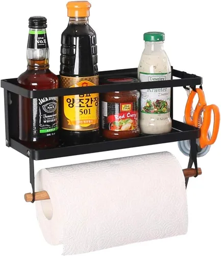 Vista 9 de Organizador de estante para refrigerador, soporte magnético para toallas de papel, para cocina, refrigerador, especias, almacenamiento (negro)