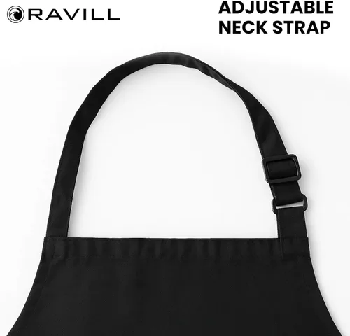 Vista 5 de Ravill Delantal negro con bolsillos para hombres y mujeres, delantales de trabajo de poliéster multiusos de 35 pulgadas de largo para cocinar