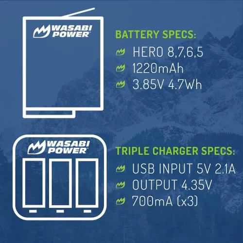 Vista 3 de Wasabi Power Batería (paquete de 2) y cargador triple para GoPro Hero 8 negro (totalmente compatible), Hero 7 Black, Hero 6 Black, Hero 5 Black