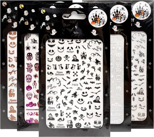 Vista 10 de Calcomanías de uñas de Halloween con diseños atractivos, 5D en relieve autoadhesivas, calcomanías de arte de uñas de Halloween, calavera, fantasma