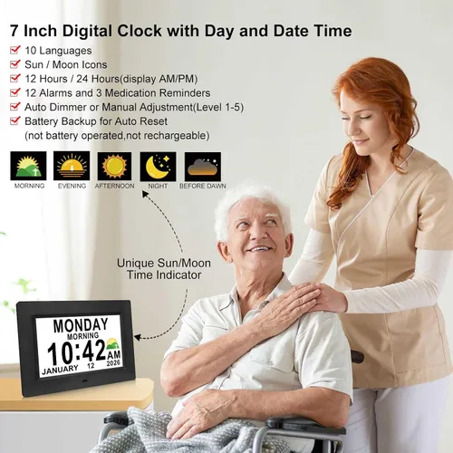 Vista 2 de Jaihonda Reloj de demencia para personas mayores Reloj digital con fecha y hora para ancianos - 15 alarmas Nivel 5 de brillo Pantalla de números