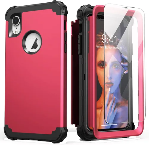 Vista 18 de IDweel Funda para iPhone XR, funda para iPhone XR con protector de pantalla de vidrio templado, 3 en 1, a prueba de golpes, delgada, híbrida, Negro