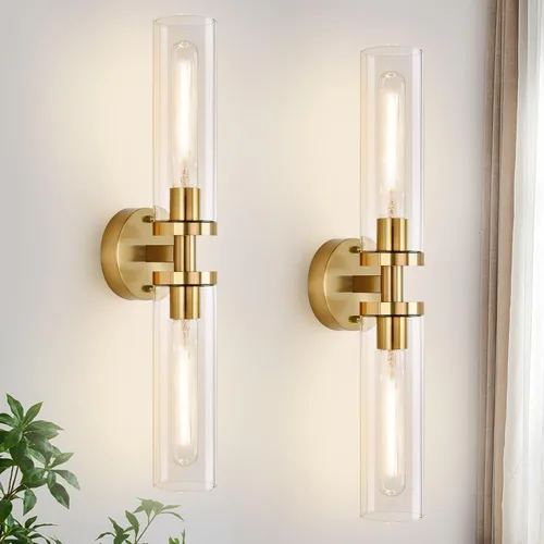 Vista 11 de Indoi Apliques de pared de níquel cepillado, apliques de baño cableados con vidrio transparente, modernos accesorios de tocador de baño para espejo