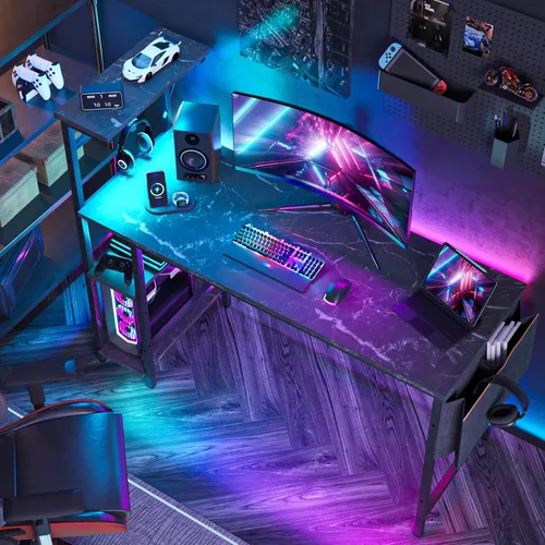Vista 18 de Bestier - Escritorio de juegos con luces LED, escritorio para PC de 44 pulgadas para espacios pequeños, escritorio de computadora con estantes