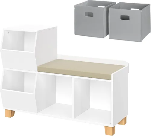 Vista 12 de RiverRidge Banco organizador de almacenamiento de juguetes para niños con cubos y cubos de juguetes para sala de juegos, organizador de cubos