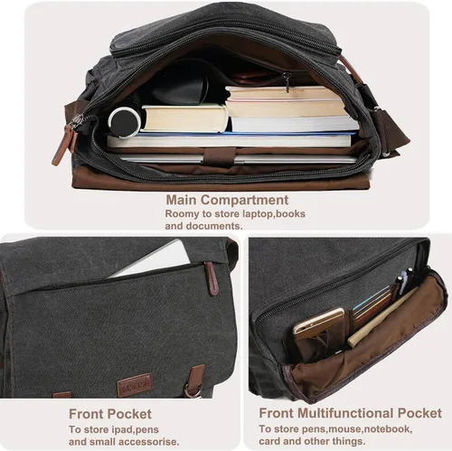 Vista 4 de Bolsa de mensajero de lona para hombres y mujeres, bolsa de viaje para laptop, maletín de negocios de 15.6 pulgadas