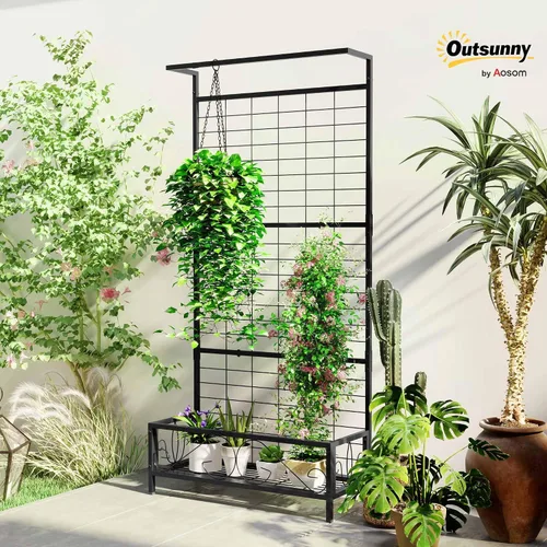 Vista 2 de Outsunny Soporte alto para plantas con enrejado y barra para colgar, soporte de metal para plantas trepadoras, flores, uso en interiores y Negro