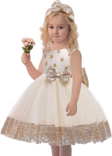 Vista 3 de Vestido de bebé de 12M-6Y con lentejuelas, lazo, flores, encaje, boda, concurso, tutú, vestido con gorro