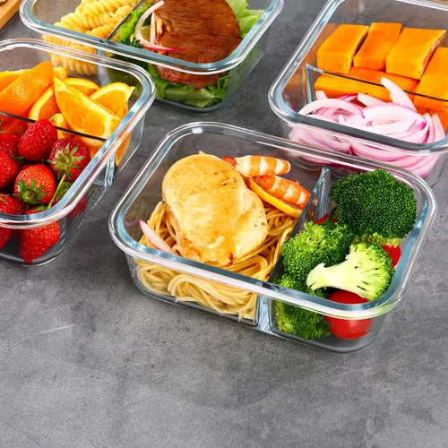 Vista 8 de Paquete de 5 recipientes de vidrio de 30 onzas para preparación de comidas, 2 compartimentos de almacenamiento de alimentos con tapas, cajas Bento