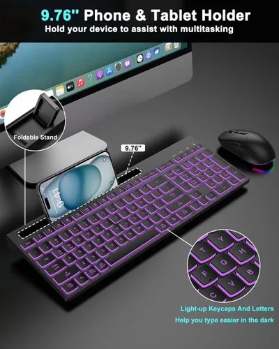 Vista 4 de Combo de teclado y mouse inalámbricos, 7 efectos retroiluminados, letras iluminadas, recargable, soporte para teléfono, mouse de 6 botones, ángulo