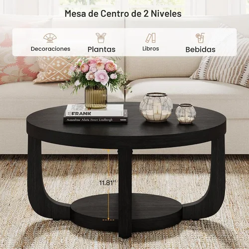 Vista 4 de Tribesigns - Mesa de café redonda, mesa de café circular de 2 niveles con almacenamiento, mesa auxiliar moderna de acento de madera para sala