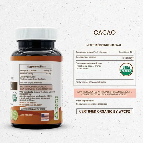 Vista 4 de Cacao 60 Cápsulas, 1000 mg, Cacao (Theobroma Cacao) Granos Crudos Secos (60 Cápsulas)