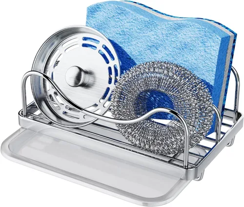 Vista 8 de Consumest Soporte de esponja para fregadero de cocina - Organizador de fregadero móvil para encimera, Soporte de esponja de acero inoxidable 304