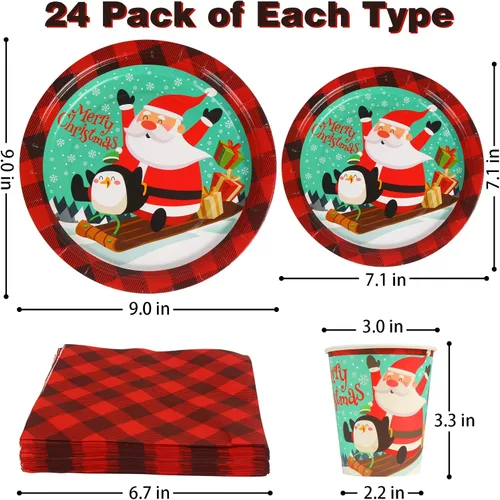 Vista 3 de DIYASY Platos y servilletas de papel de Navidad, paquete de 96 platos desechables, platos de cena de postre de Navidad resistentes a granel para 24