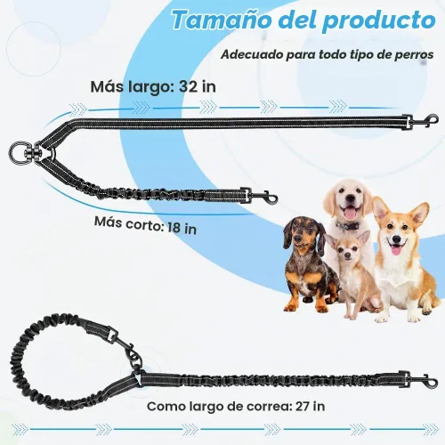 Vista 5 de AUTOWT Correa doble para perros, sin enredos, rotación giratoria de 360°, reflectante, con extensión de bungee, divisor para dos perros, cómoda