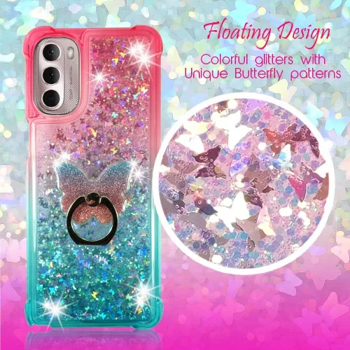 Vista 2 de Zase Moto G 5G (2022) - Bonita funda transparente con purpurina líquida para Motorola Moto G 5G Flotante Mariposas 3D Cascada Arenas movedizas